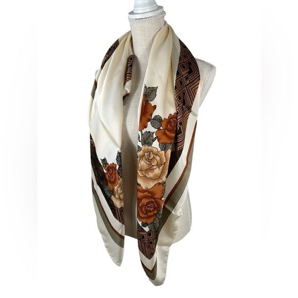 Ivory & Brown Vintage Rose Print Satin Blend Scarve - Picture 3 of 7